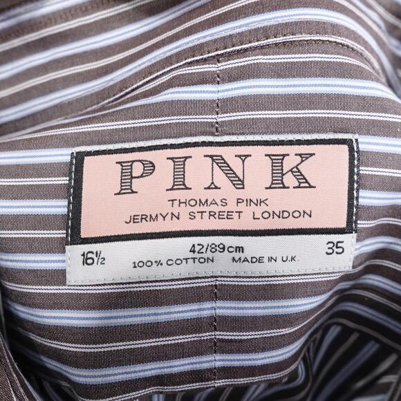 Thomas Pink Shirt Mens 16.5 Brown Blue Stripe French Cuff Jermyn Street Made UK - Picture 8 of 9